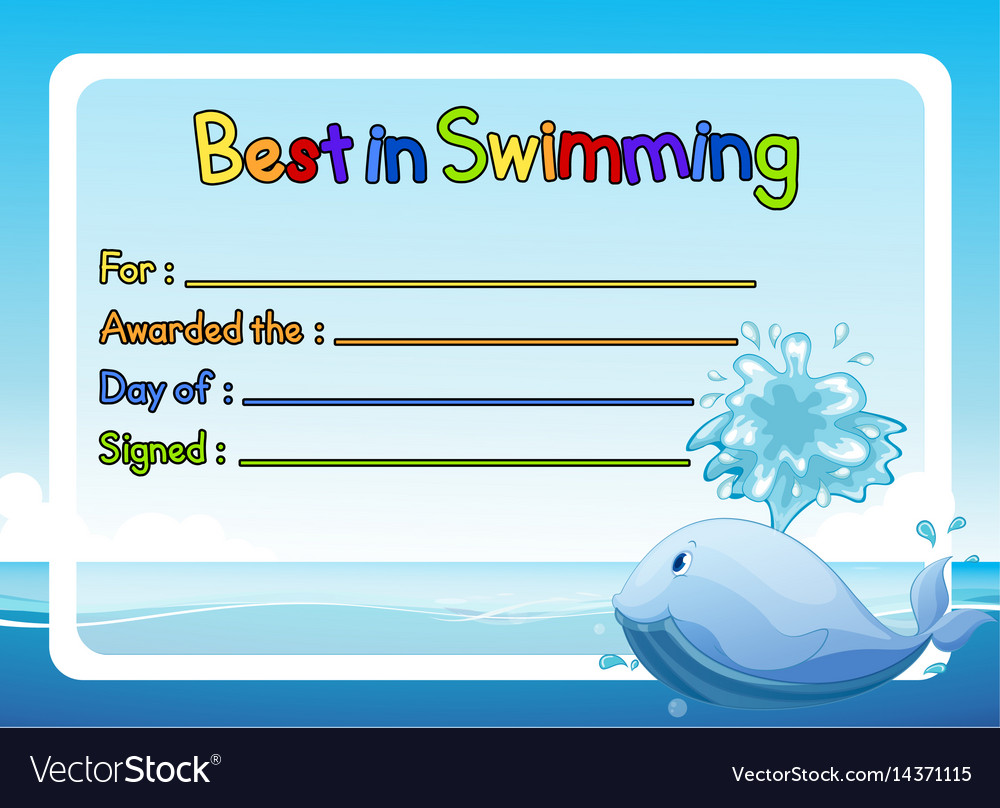 Best in swimming award template with whale Vector Image With Swimming Award Certificate Template