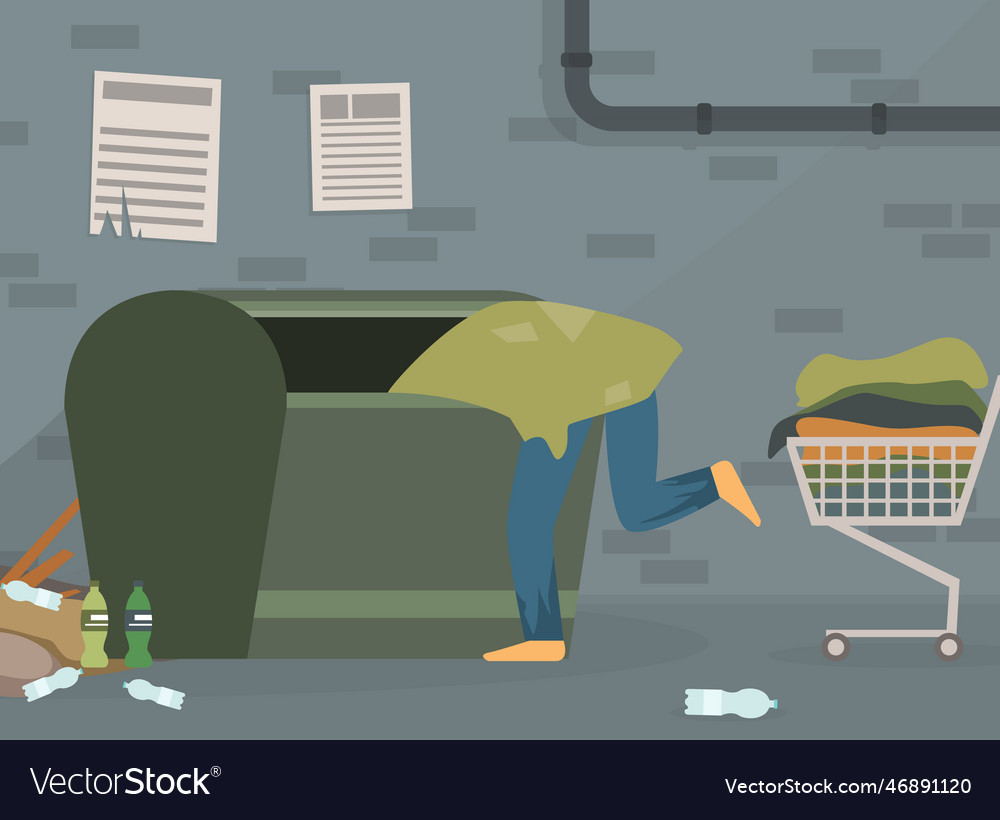 Homeless man in rags with cart going through Vector Image