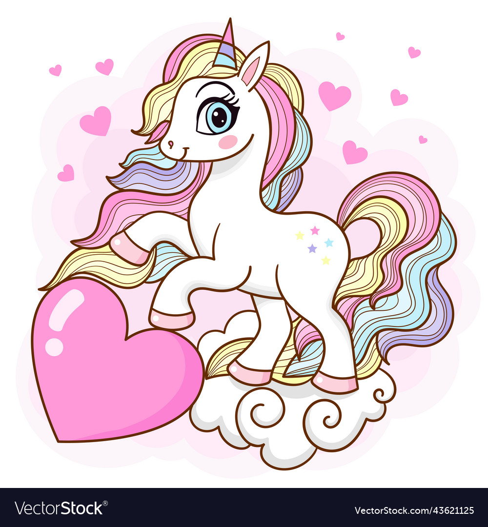 Cute cartoon unicorn with rainbow mane and heart Vector Image