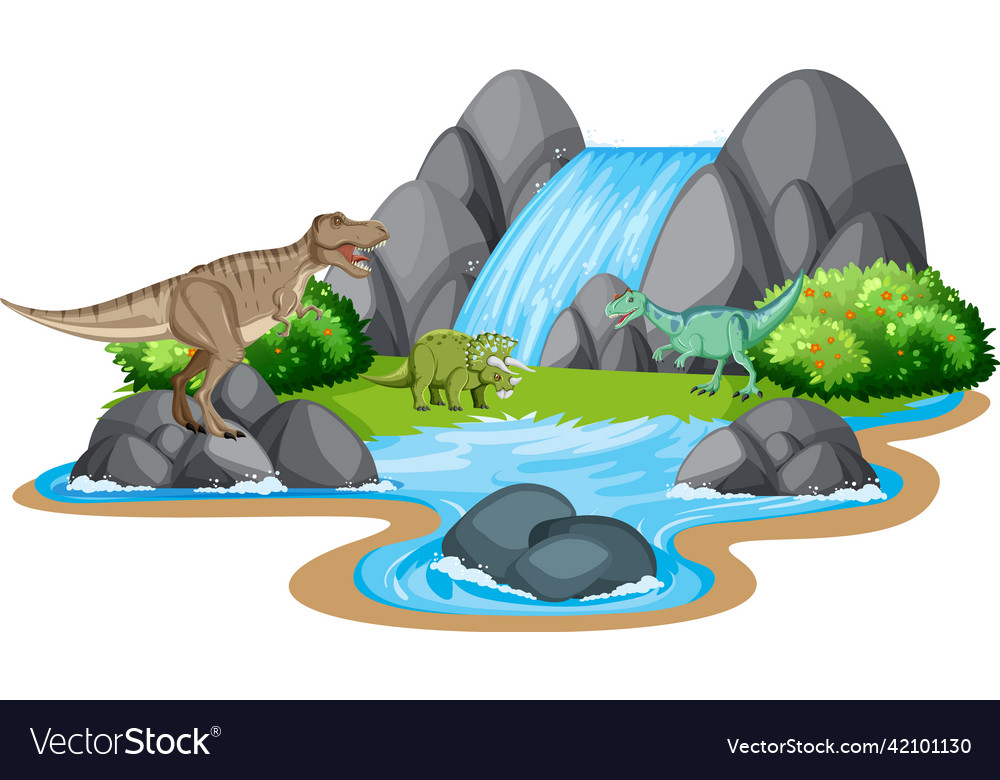 Scene with dinosaurs by waterfall Royalty Free Vector Image