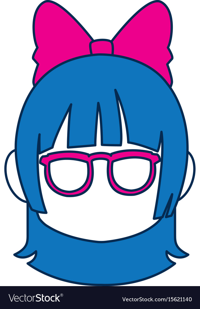 Chibi anime girl face blue hair glasses Royalty Free Vector