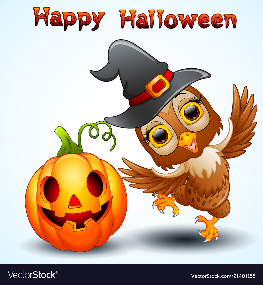 Owl cartoon with halloween hat and pumpkin