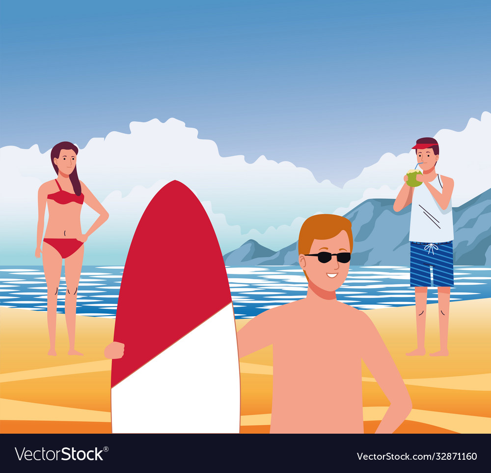 Young people wearing swimsuits on beach Royalty Free Vector