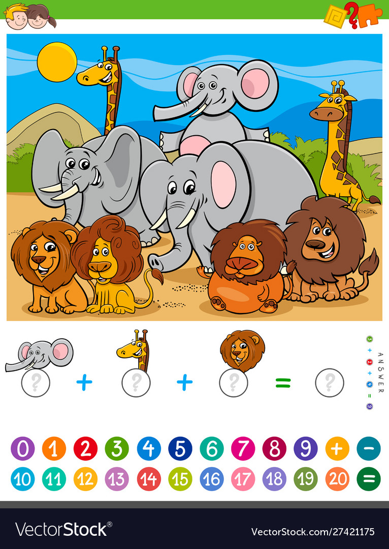 Counting and adding task with cartoon animals Vector Image Counting and adding task with cartoon animals Vector Image