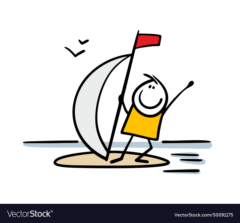 Doodle hand drawn happy young stickman surfing Vector Image