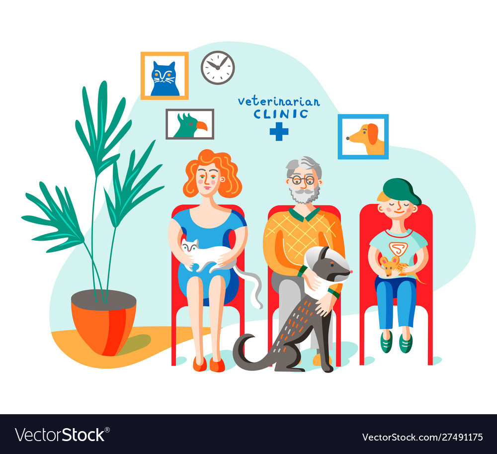 People with pets in vet clinic flat Royalty Free Vector