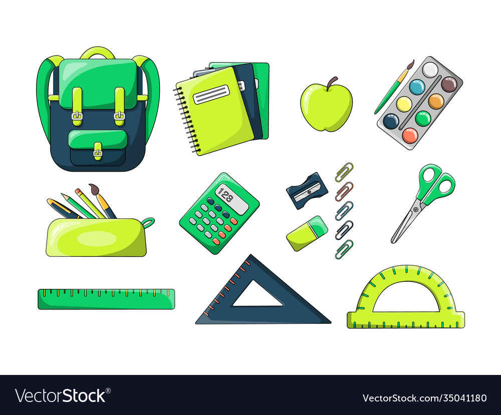 A Set Writing Materials And Backpack Bright Vector Image