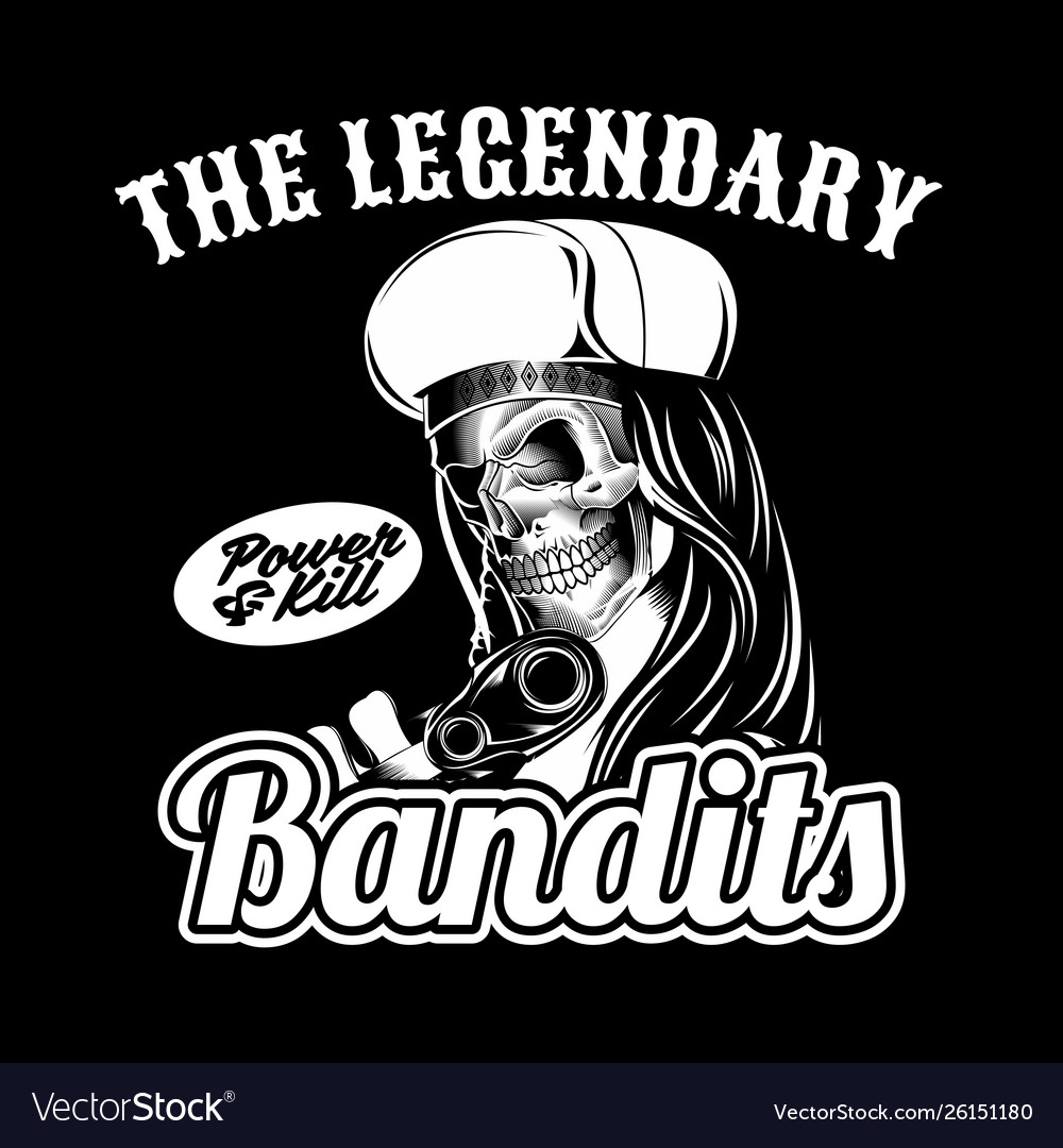 Skull legendary bandit holding gun hand vector image Skull legendary bandit holding gun hand