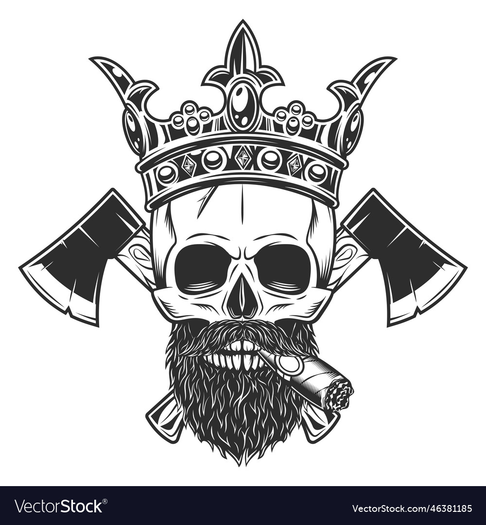 Skull smoking cigar in crown and beard with axe Vector Image