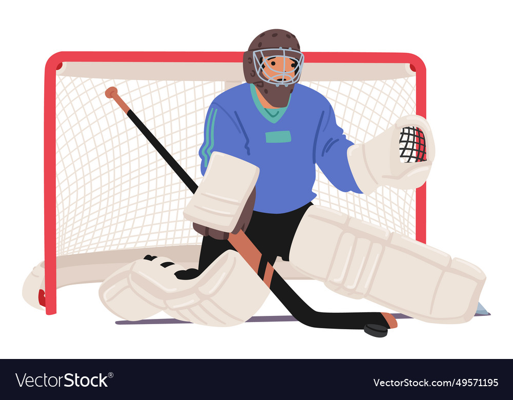 A focused hockey goalkeeper guards the net Vector Image