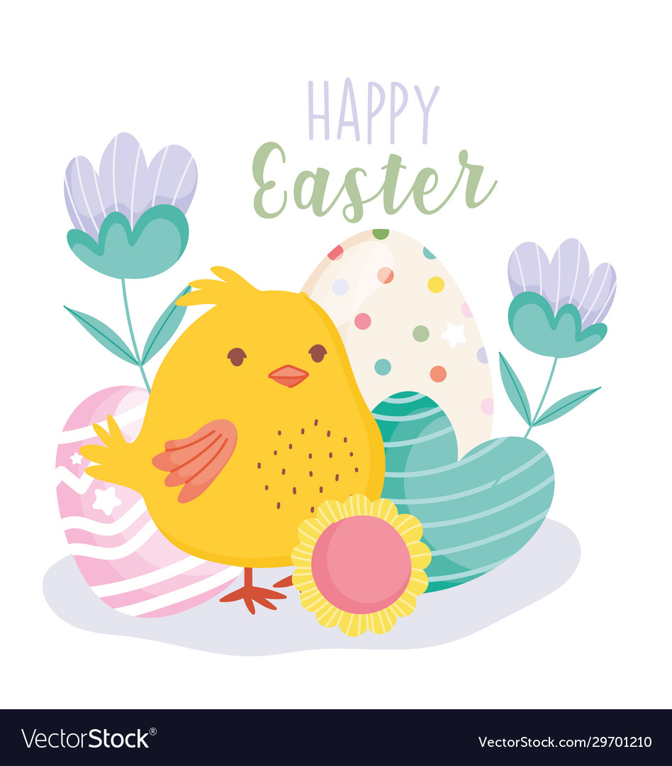 Happy easter cute chicken heart egg flowers Vector Image