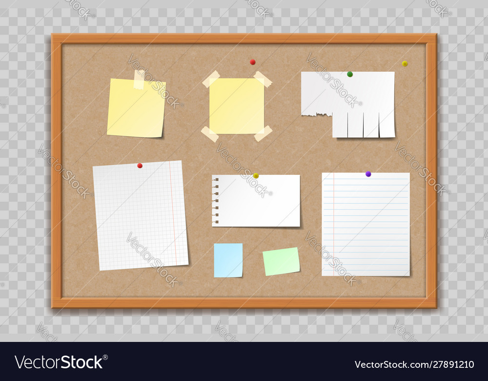Paper sheets and stickers on cork bulletin board Vector Image