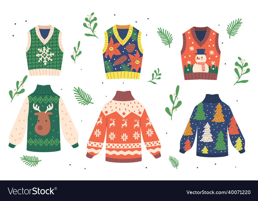 Set of winter xmas pullovers with funny ornament vector image Set of winter xmas pullovers with funny ornament
