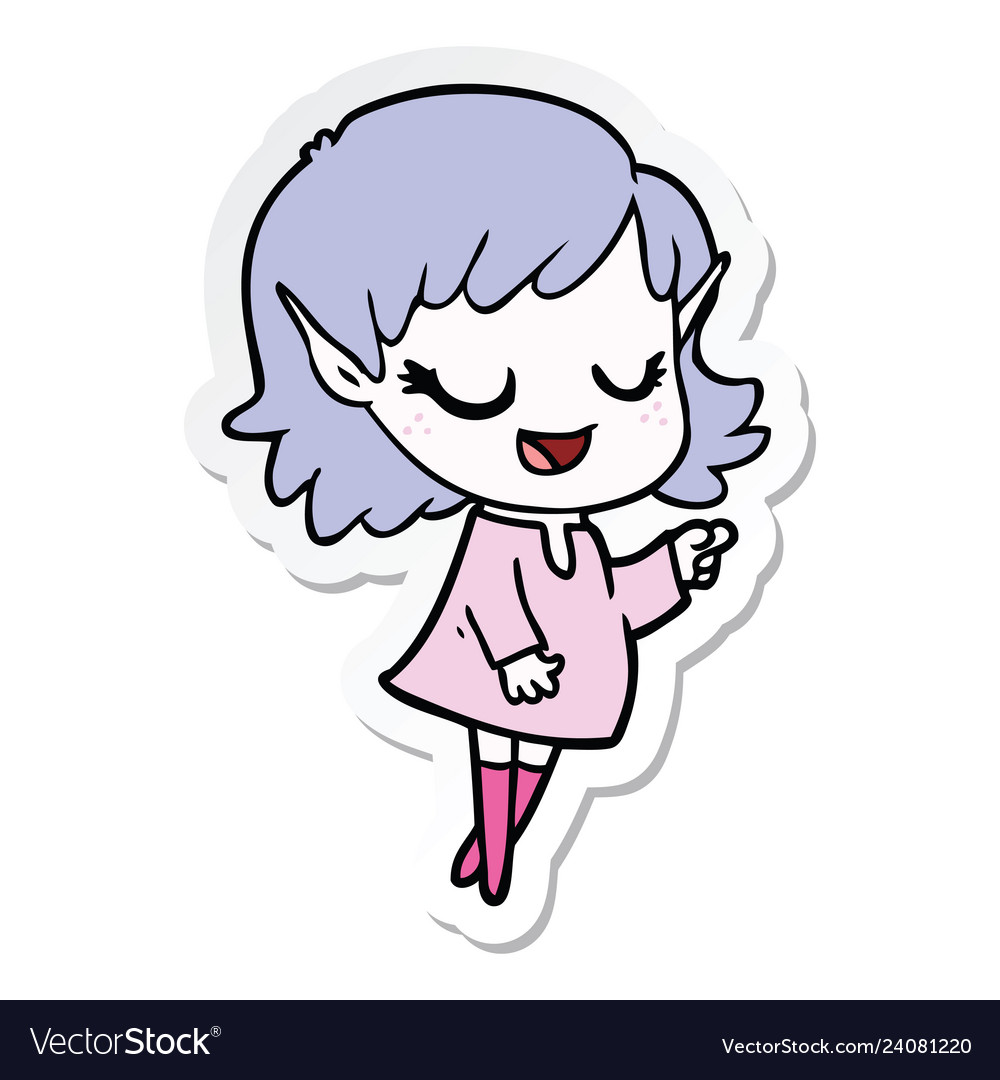 Sticker of a happy cartoon elf girl pointing Vector Image