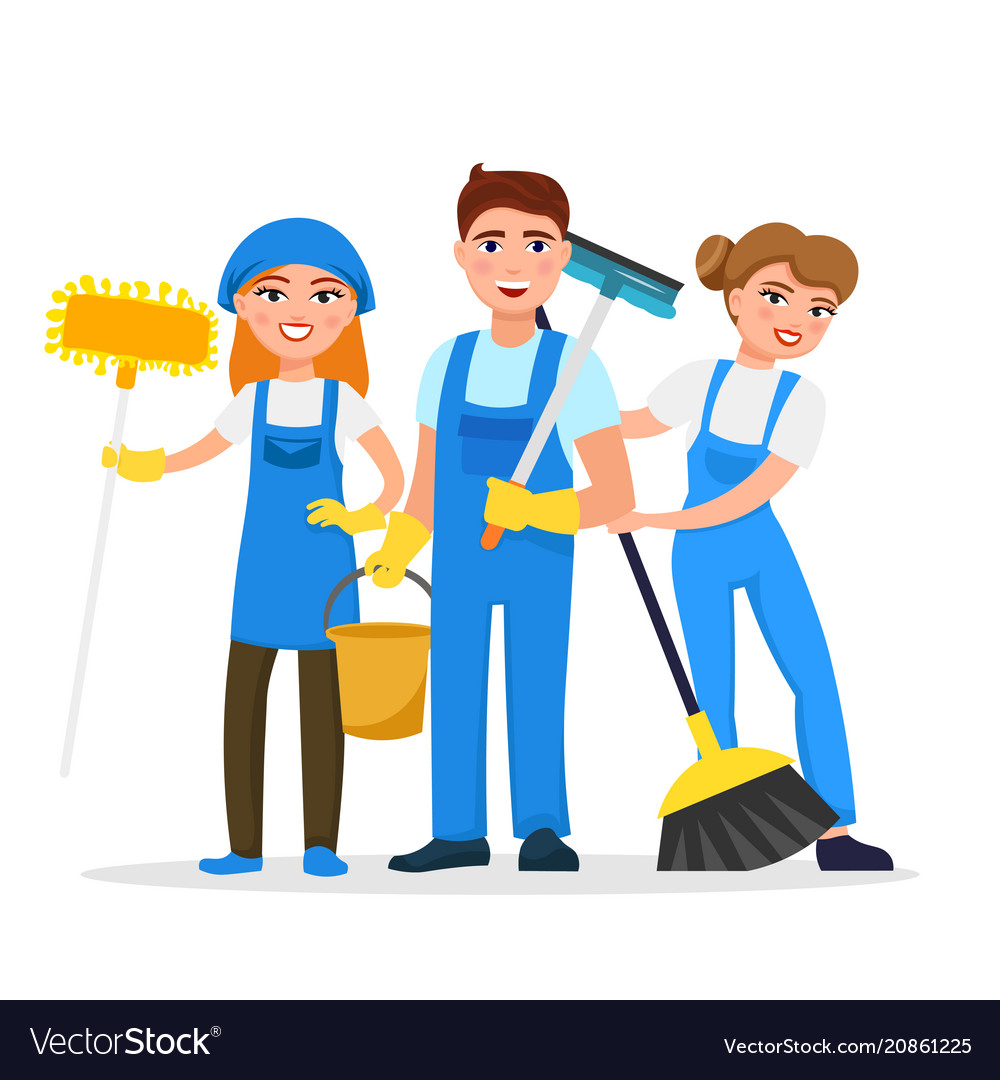 Cleaning service staff smiling cartoon characters Vector Image