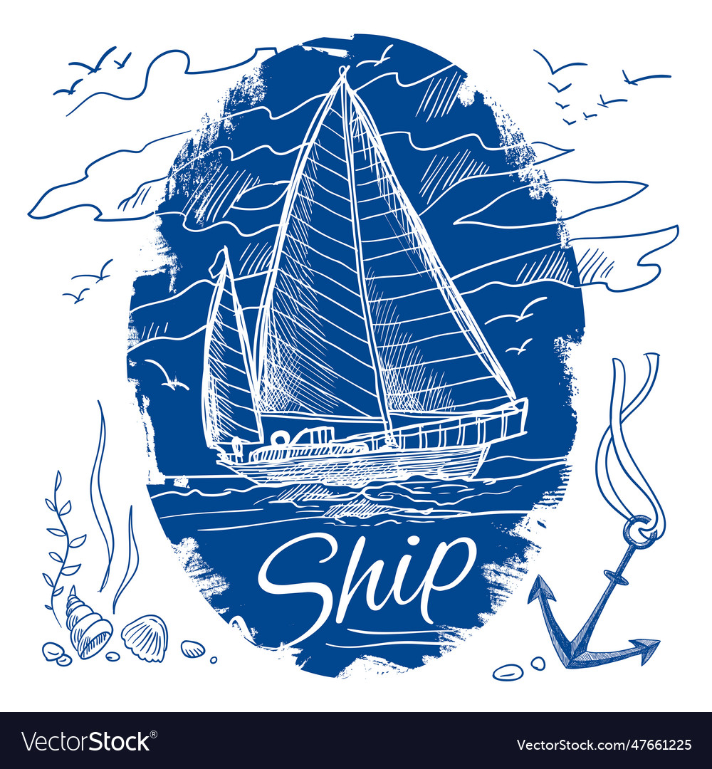 Nautical emblem with ship Royalty Free Vector Image