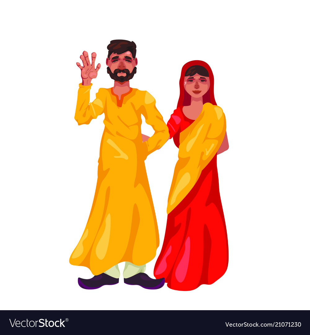 Bearded man in lungi and woman sari stand Vector Image