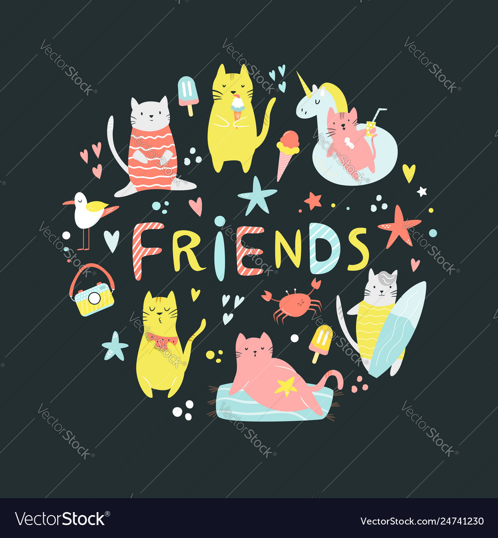 Collection Funny Summer Cats And Lettering Vector Image