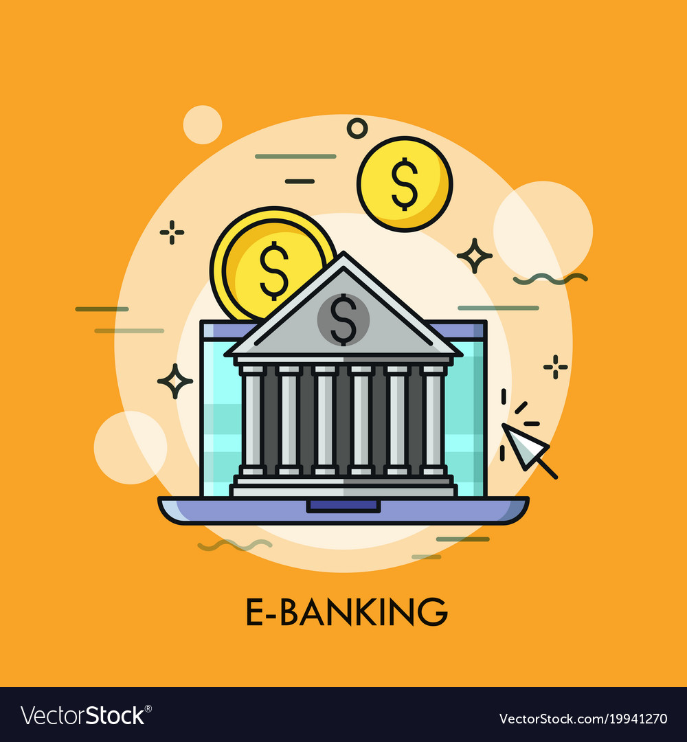 Classical Bank Building Against Laptop Screen And Vector Image