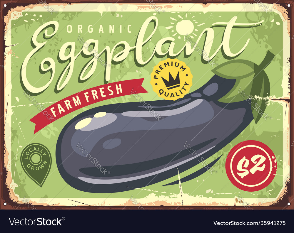 Farm fresh eggplants retro sign vector image Farm fresh eggplants retro sign