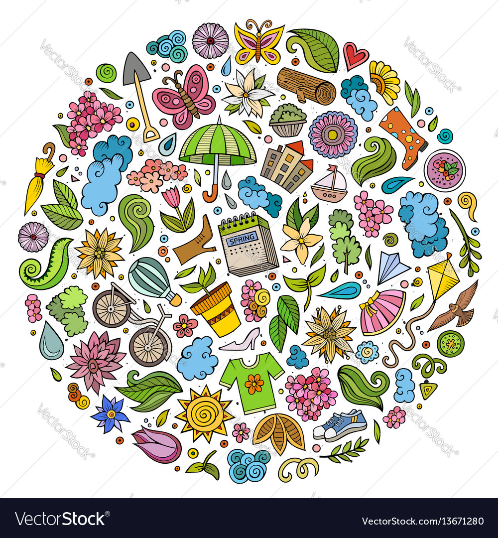 Set of spring cartoon doodle objects Royalty Free Vector