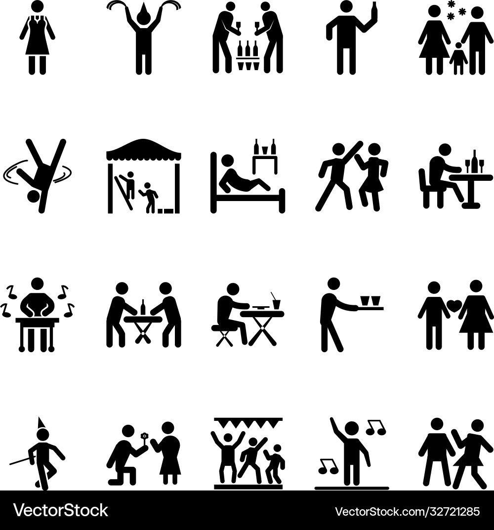 Solid icons set party human Royalty Free Vector Image