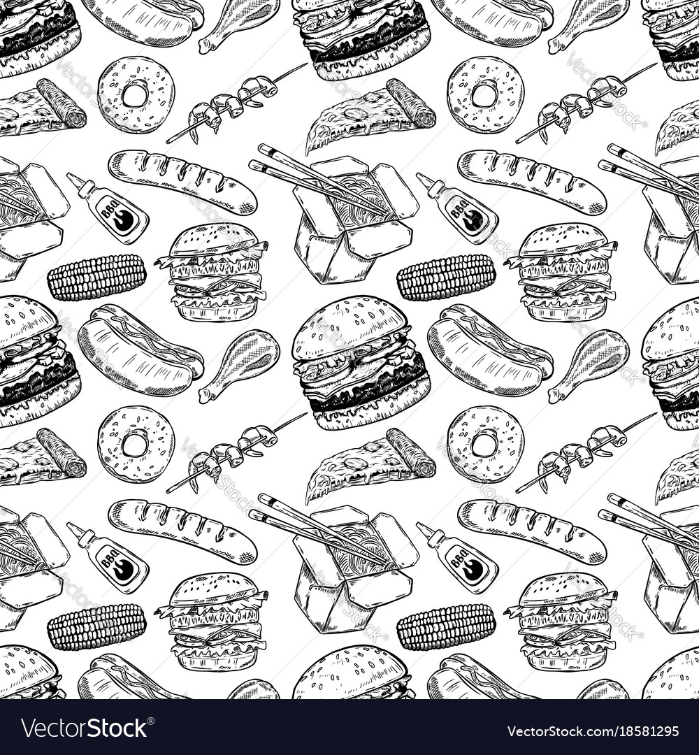 Seamless Pattern With Hand Drawn Fast Food Burger Vector Image