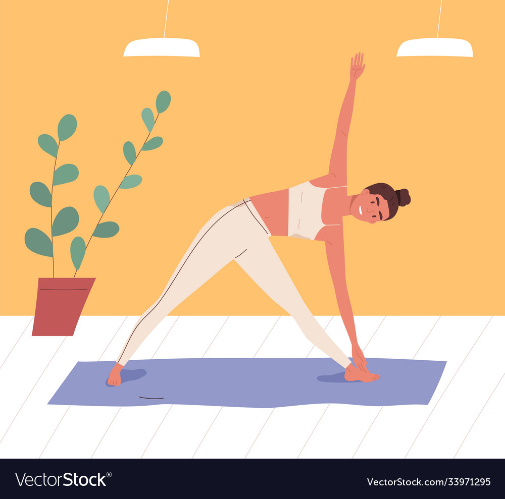 Smiling woman practicing body stretching at gym Vector Image