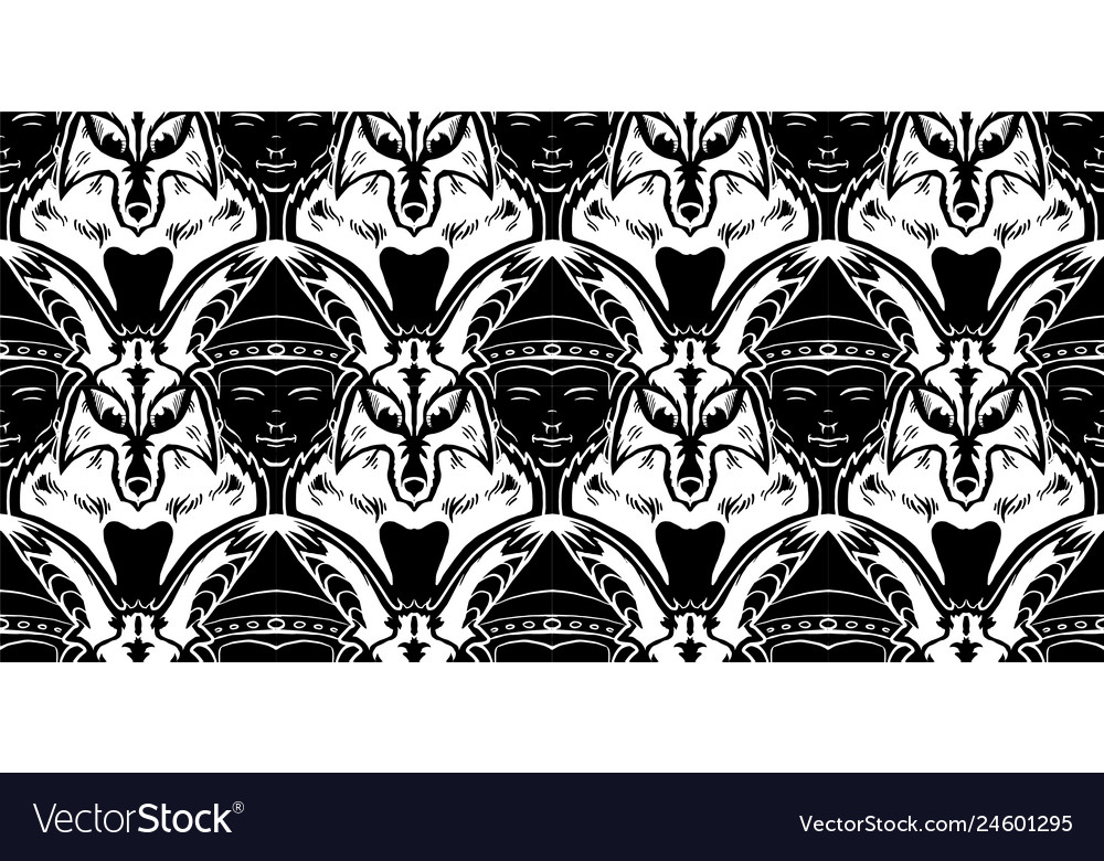 Tessellation with fox and buddha faces in black