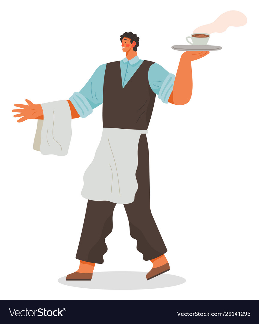Waiter serving clients carrying tray with order Vector Image