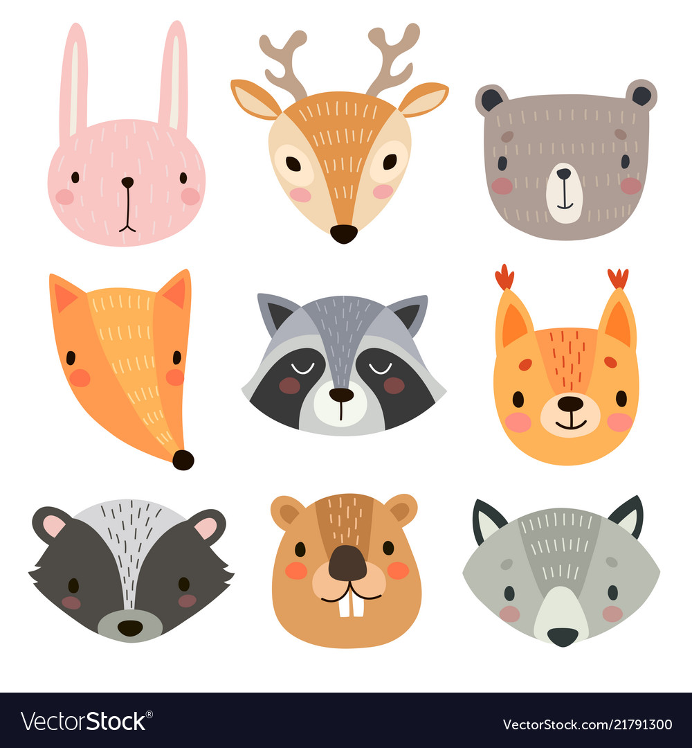 Cute animal faces hand drawn characters Royalty Free Vector