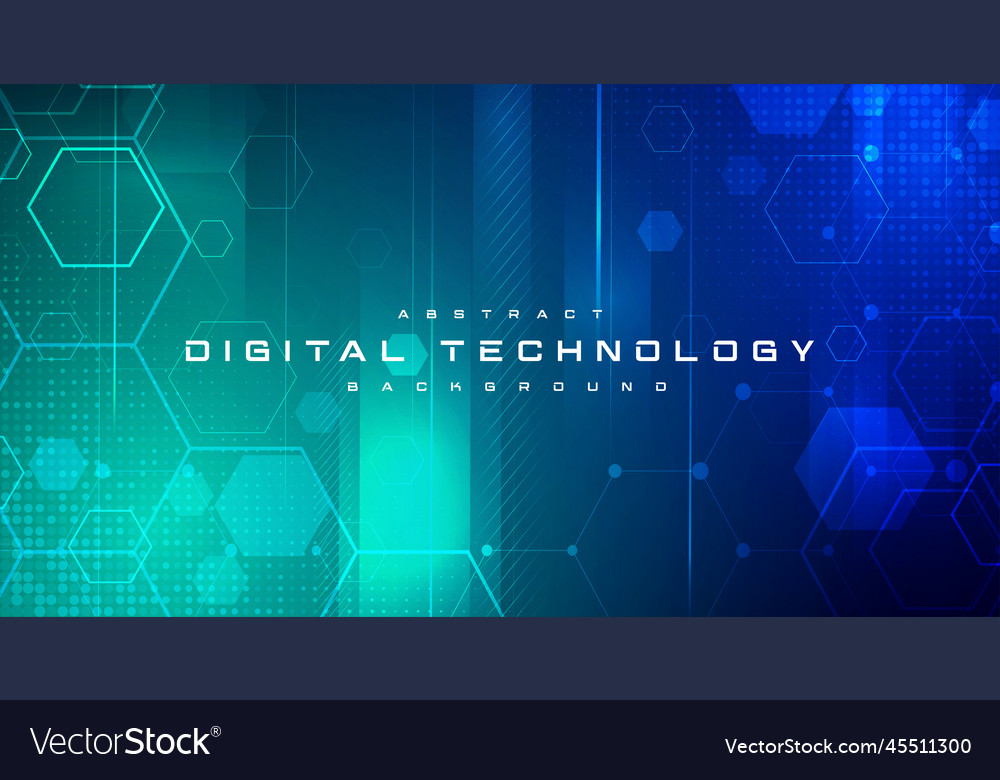 Digital technology banner blue green background ai