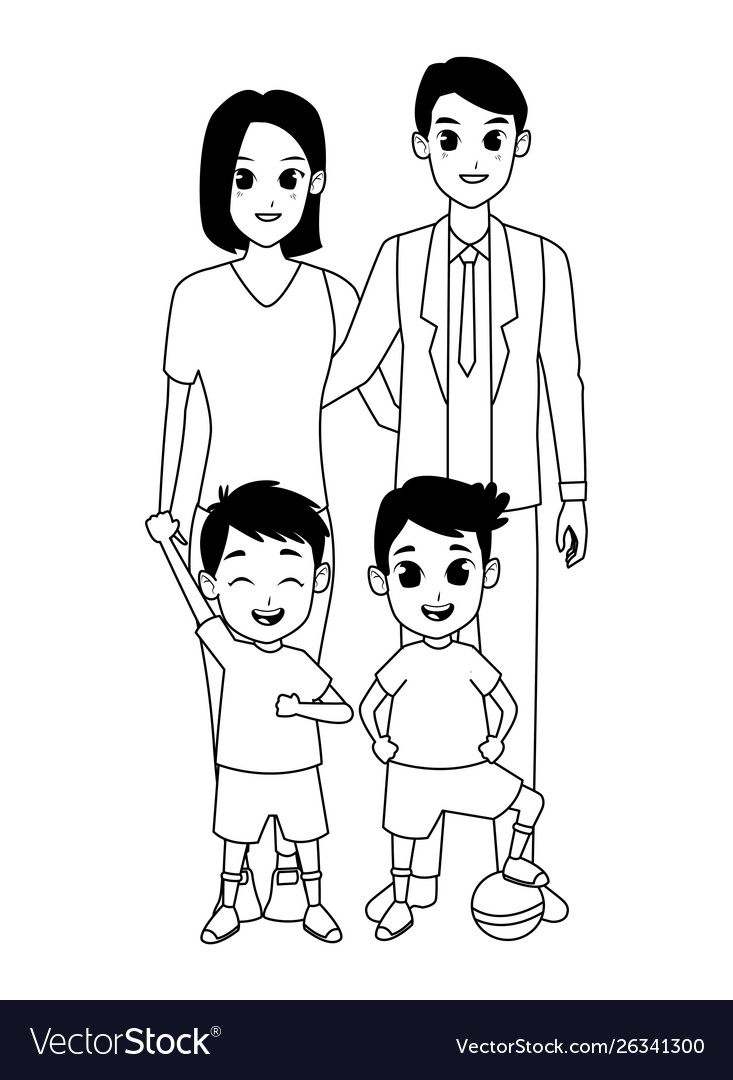 Family parents and children cartoons in black Vector Image