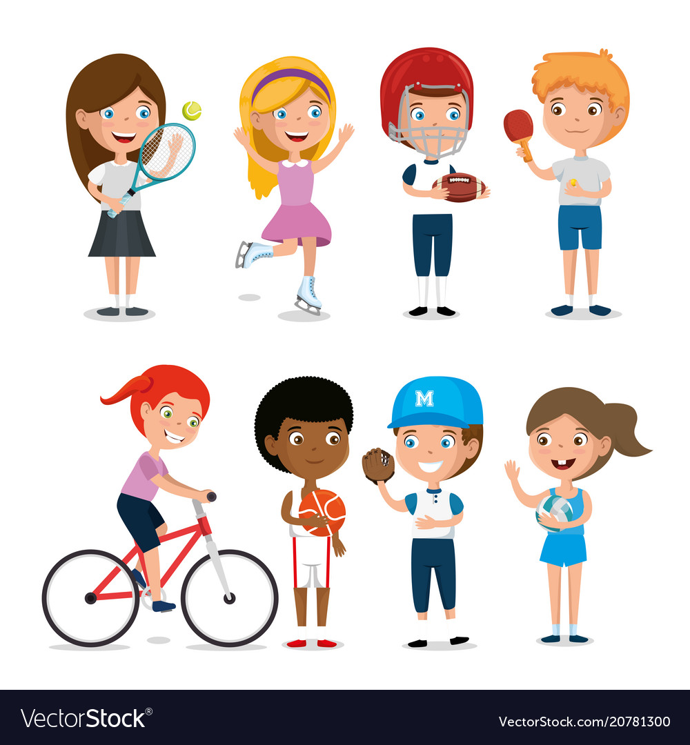 Group happy kids practicing sports characters Vector Image