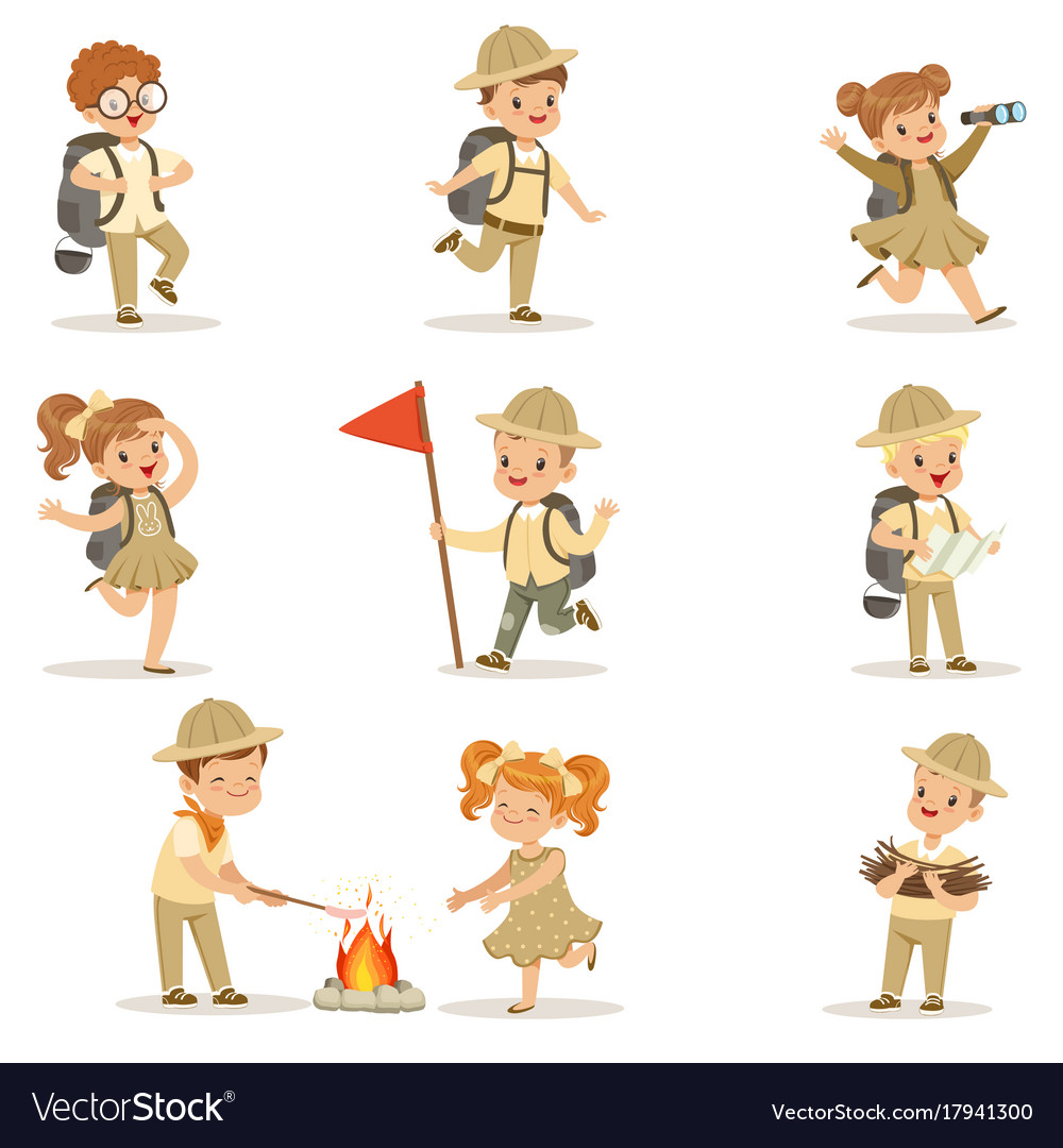 Set of girls and boys in scout costumes Royalty Free Vector