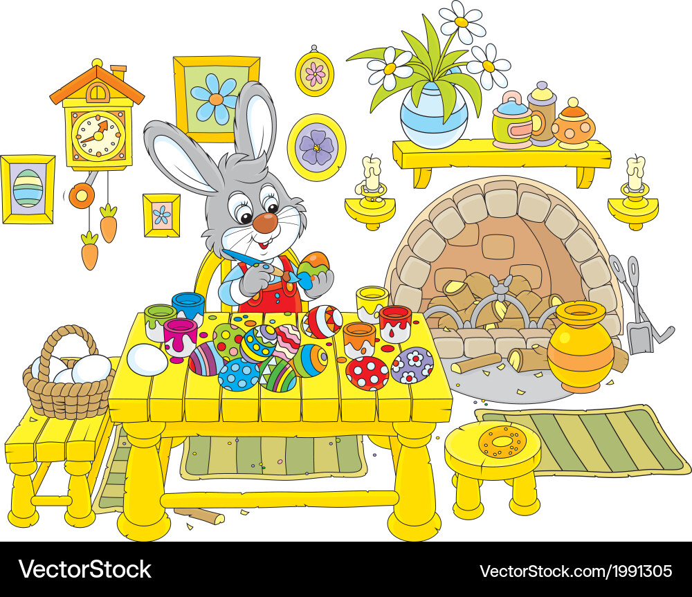Bunny paints easter eggs Royalty Free Vector Image
