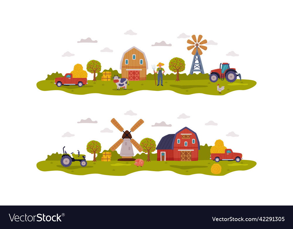 Farm scenes set buildings livestock Royalty Free Vector