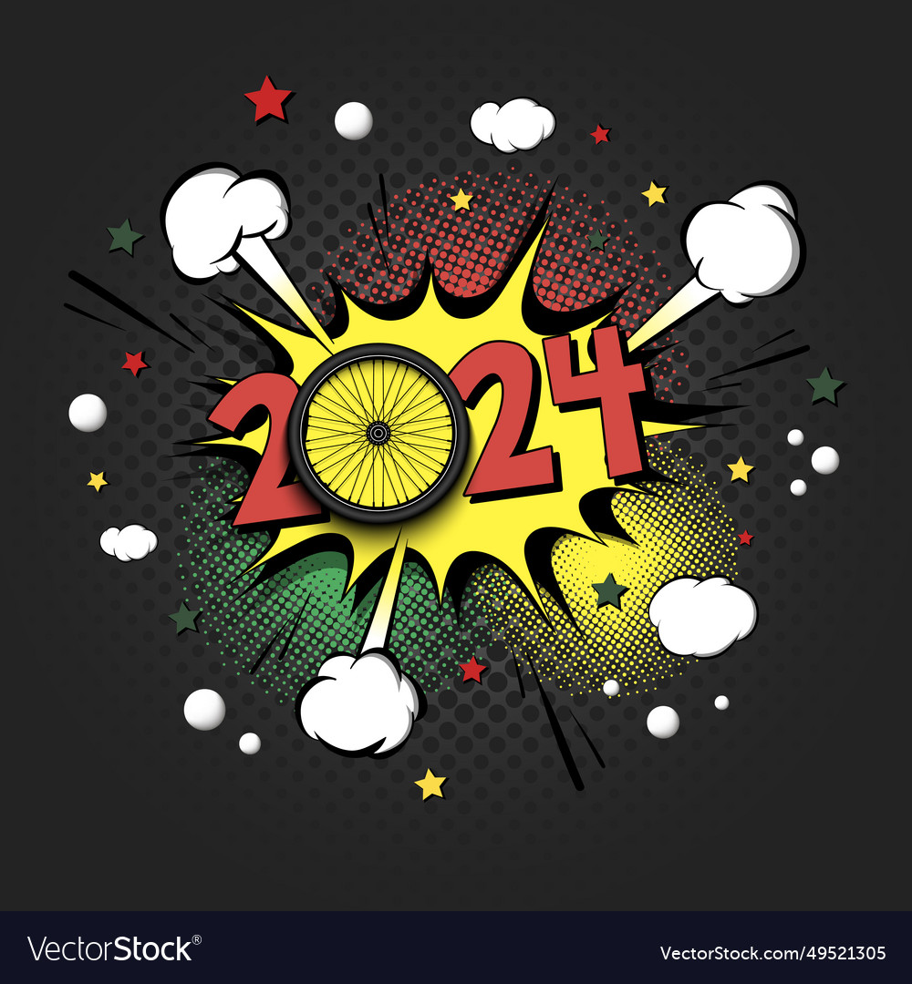 Happy new year 2024 and bike wheel Royalty Free Vector Image