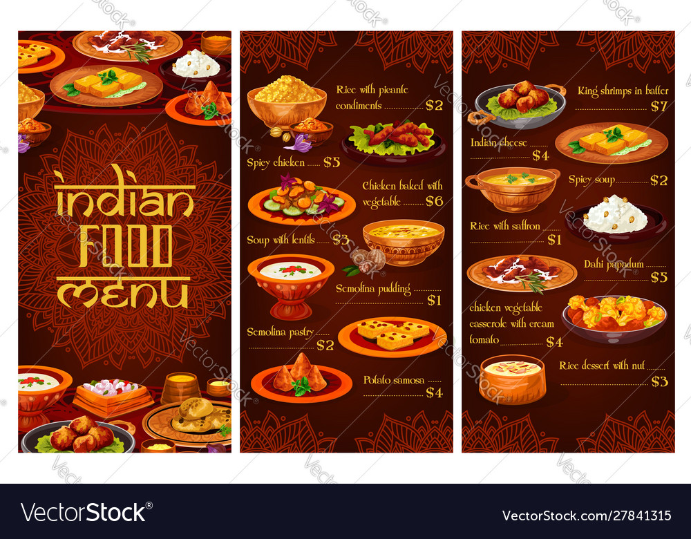 Indian cuisine dishes and dessert menu Royalty Free Vector