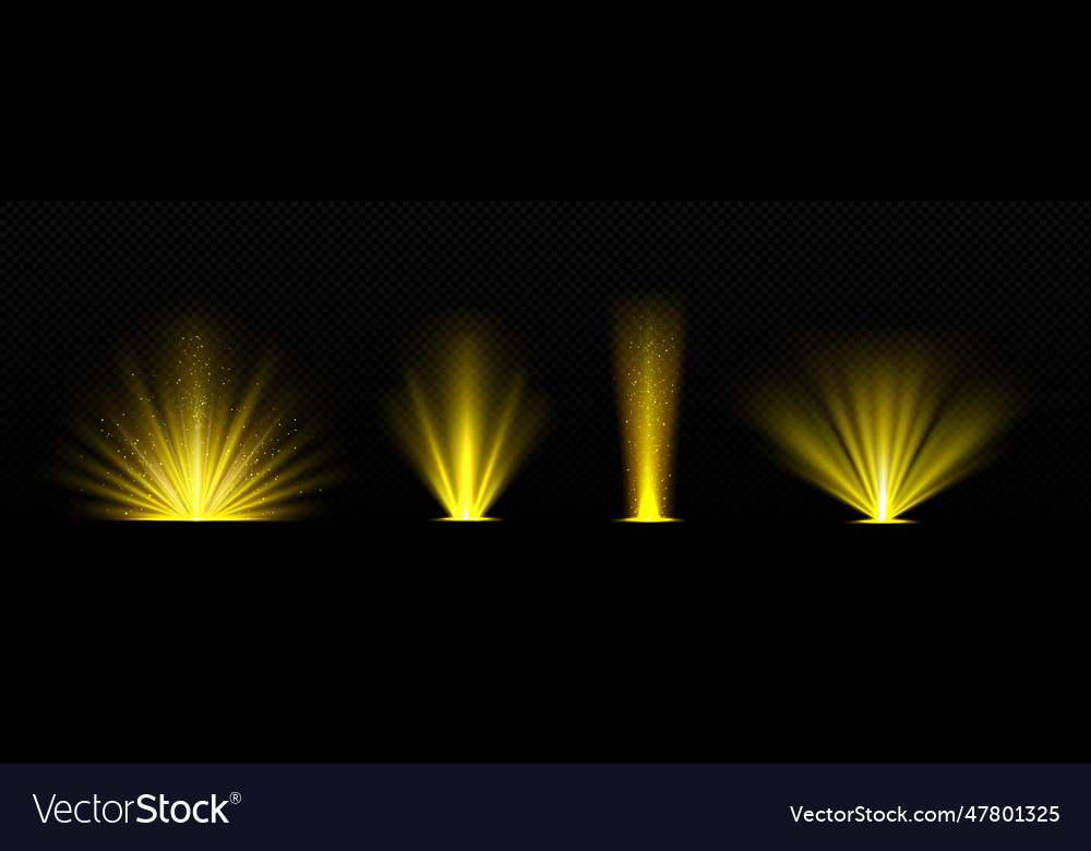 Realistic set of golden light shine on transparent