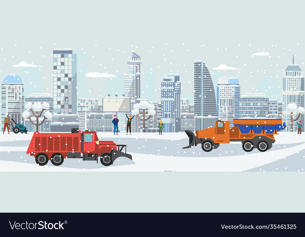 Winter city landscape with snow plow trucks Vector Image