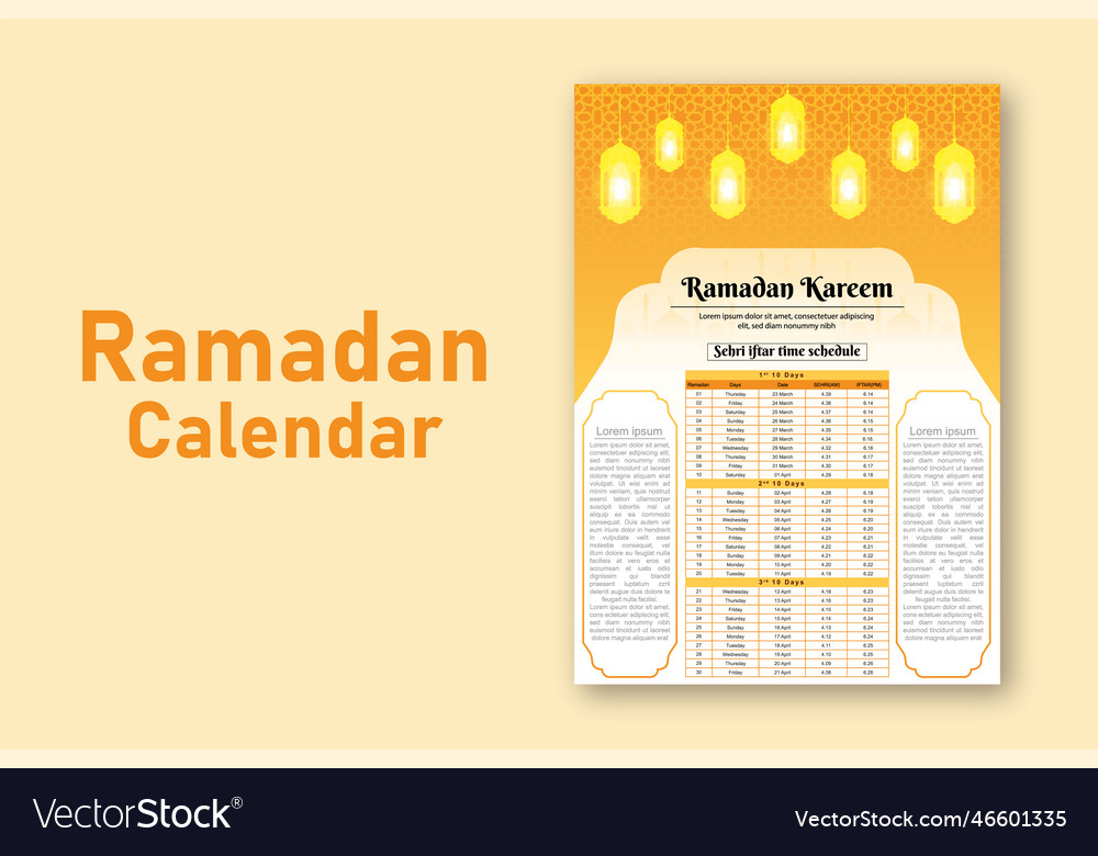 Ramadan Calendar And Sehri Iftar Time Schedule Vector Image