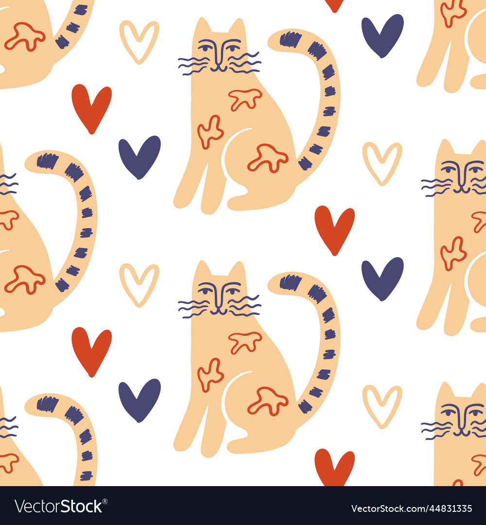 Trendy folk art cats seamless pattern Royalty Free Vector