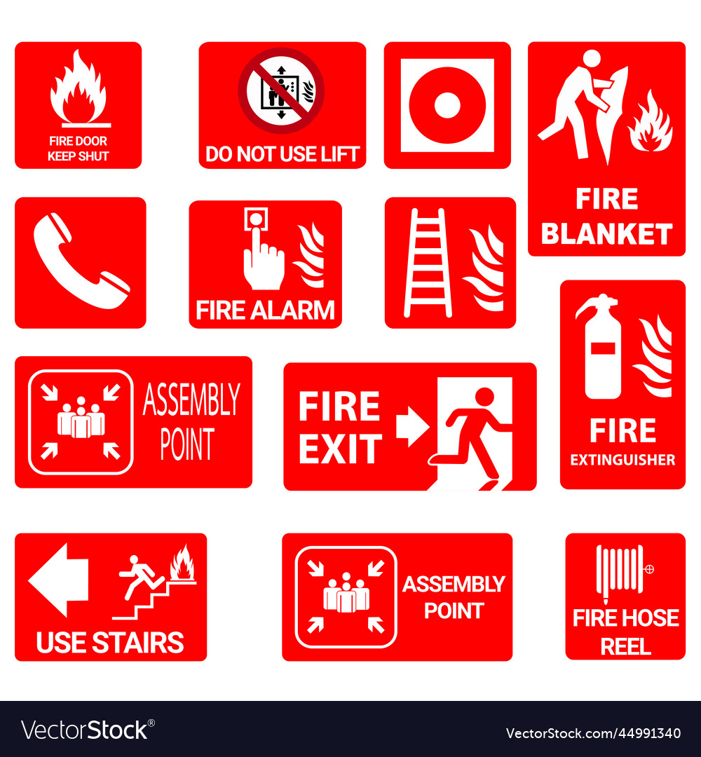 Common fire safety icons with fire exit and fire Vector Image