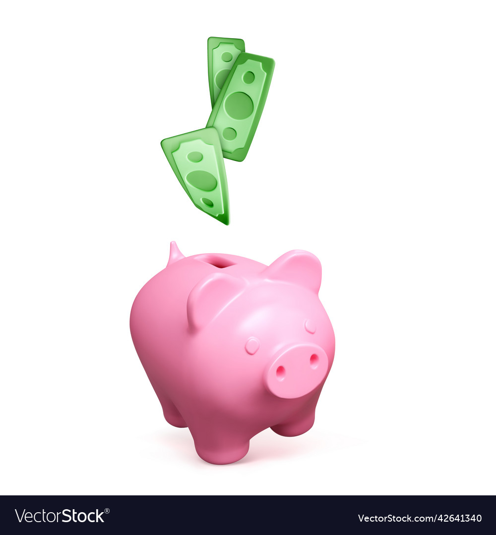 Pink piggy bank and falling green paper money Vector Image