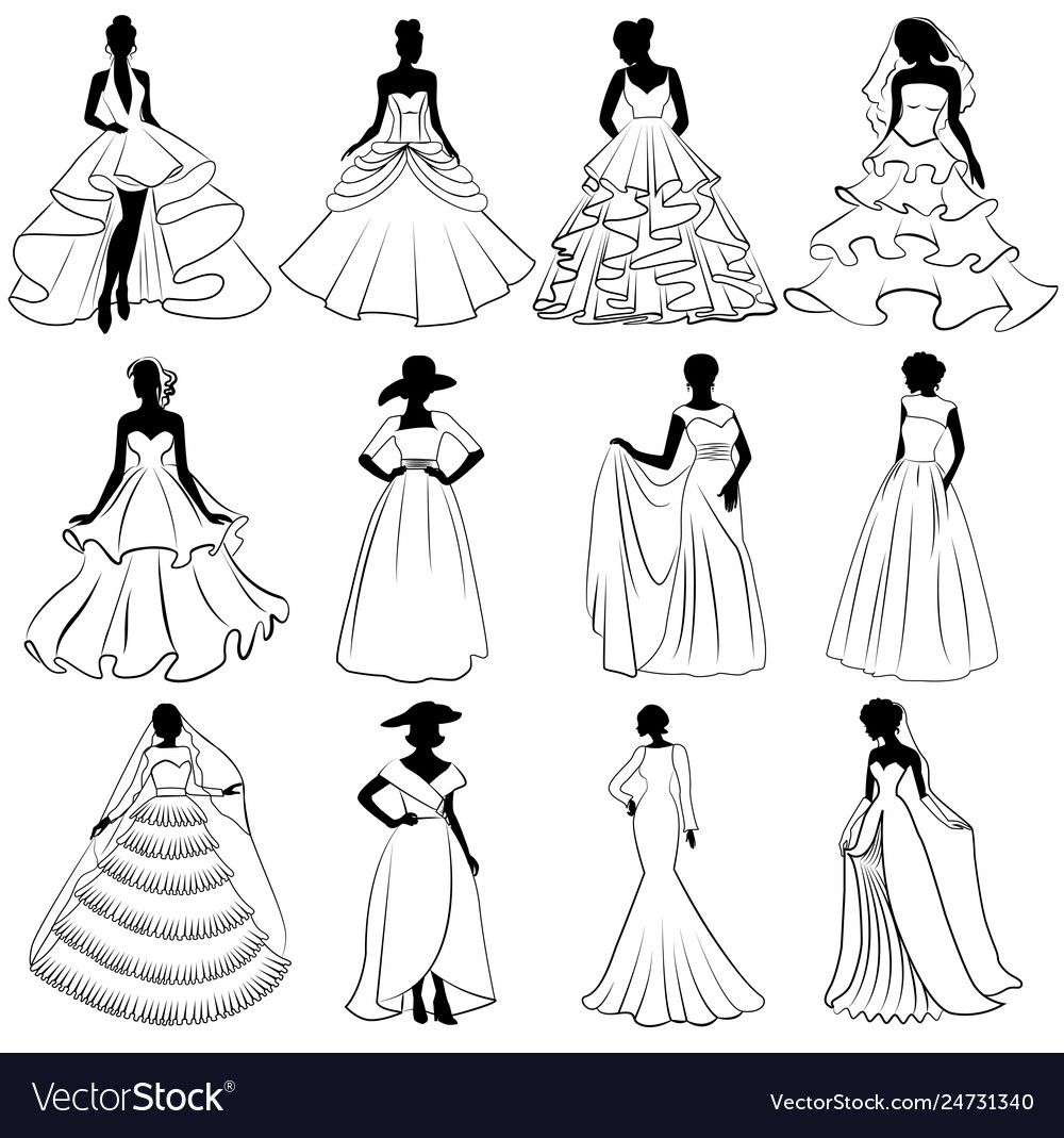 Set Of Brides Silhouettes In Wedding Dress Vector Image 7595