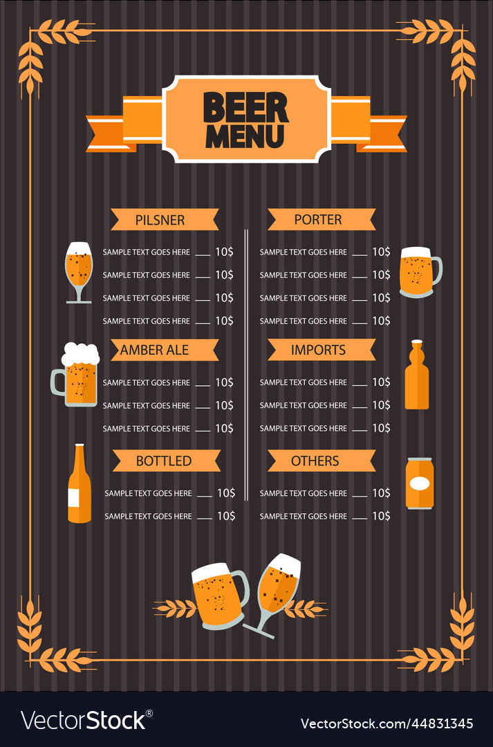 Beer menu for restaurant and cafe design template Vector Image