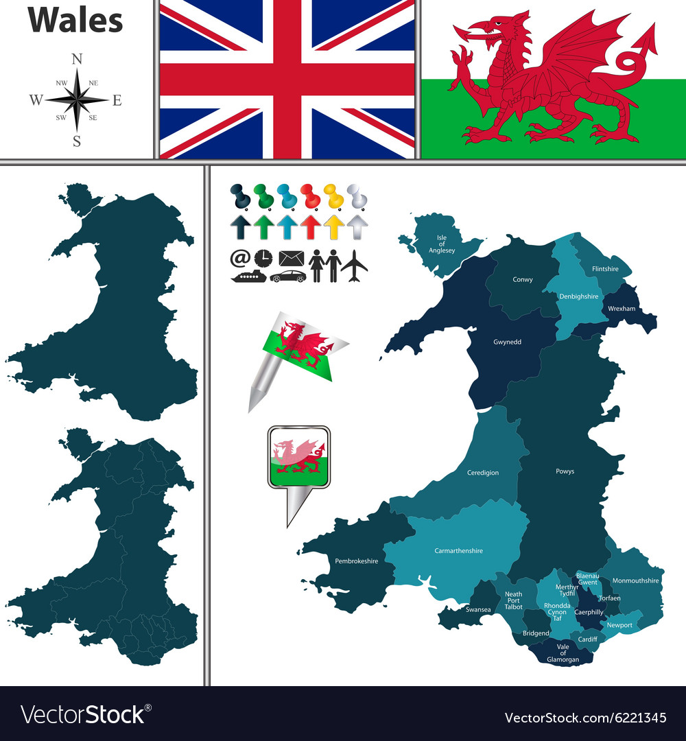 Wales map with regions Royalty Free Vector Image