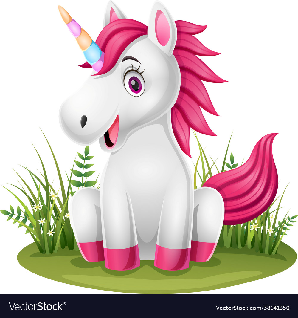 Cartoon little pony unicorn sitting in grass Vector Image