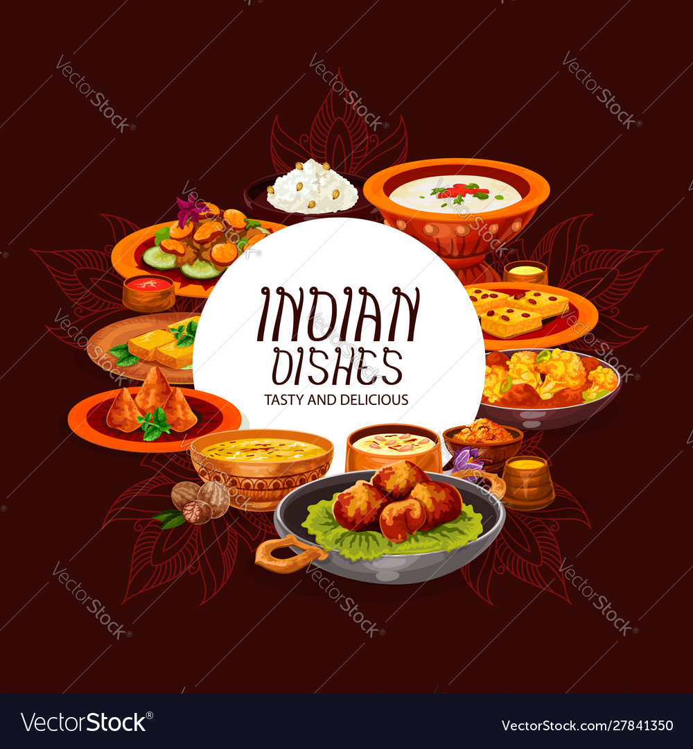 Indian dishes with rice meat curry and veggies Vector Image